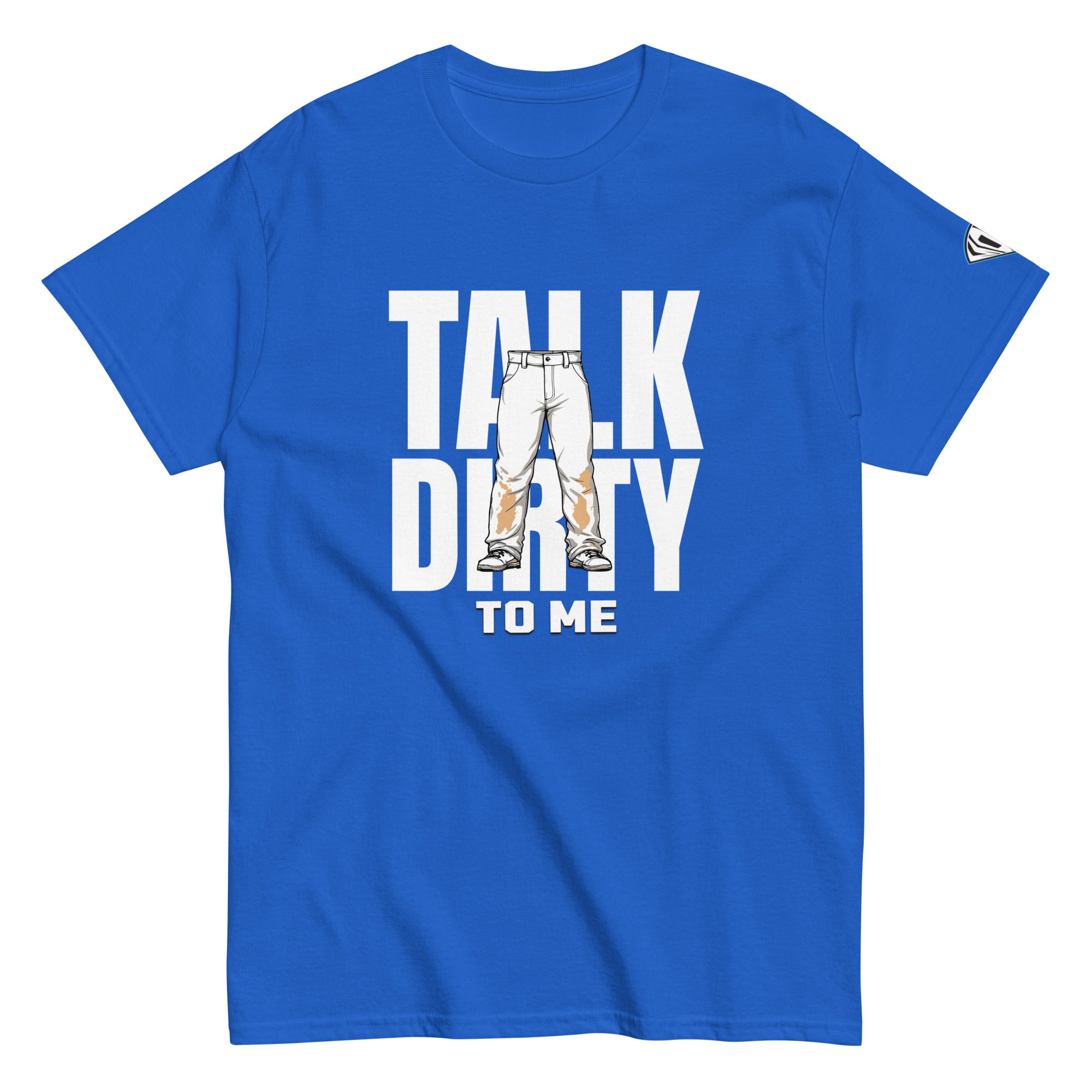 Collection of A blue t-shirt with the phrase 'TALK DIRTY TO ME' printed in white, accompanied by a graphic of cartoon-style dirty baseball pants. in a gallery layout
