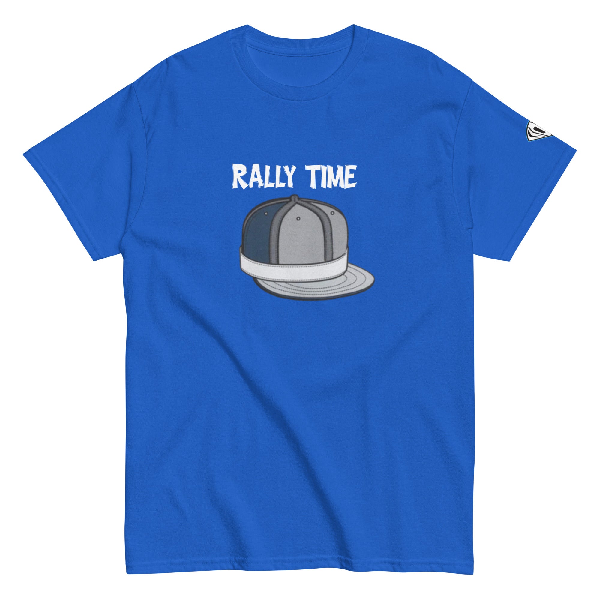 Collection of Blue t-shirt with a graphic of a cap and 'RALLY TIME' text on a white background in a gallery layout