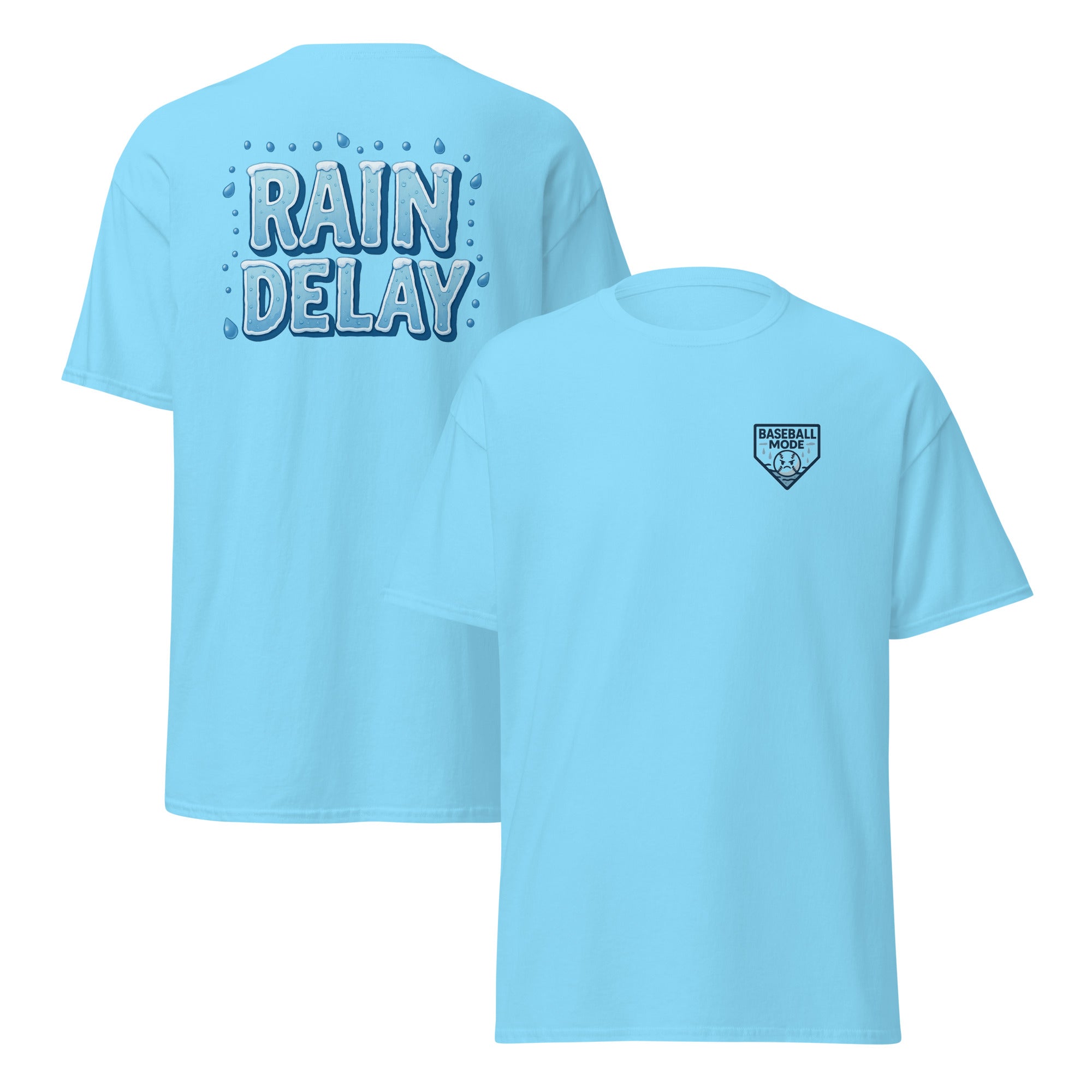 Collection of Light blue t-shirt with 'RAIN DELAY' text on the front and logo on the back, displayed against a white background. in a gallery layout