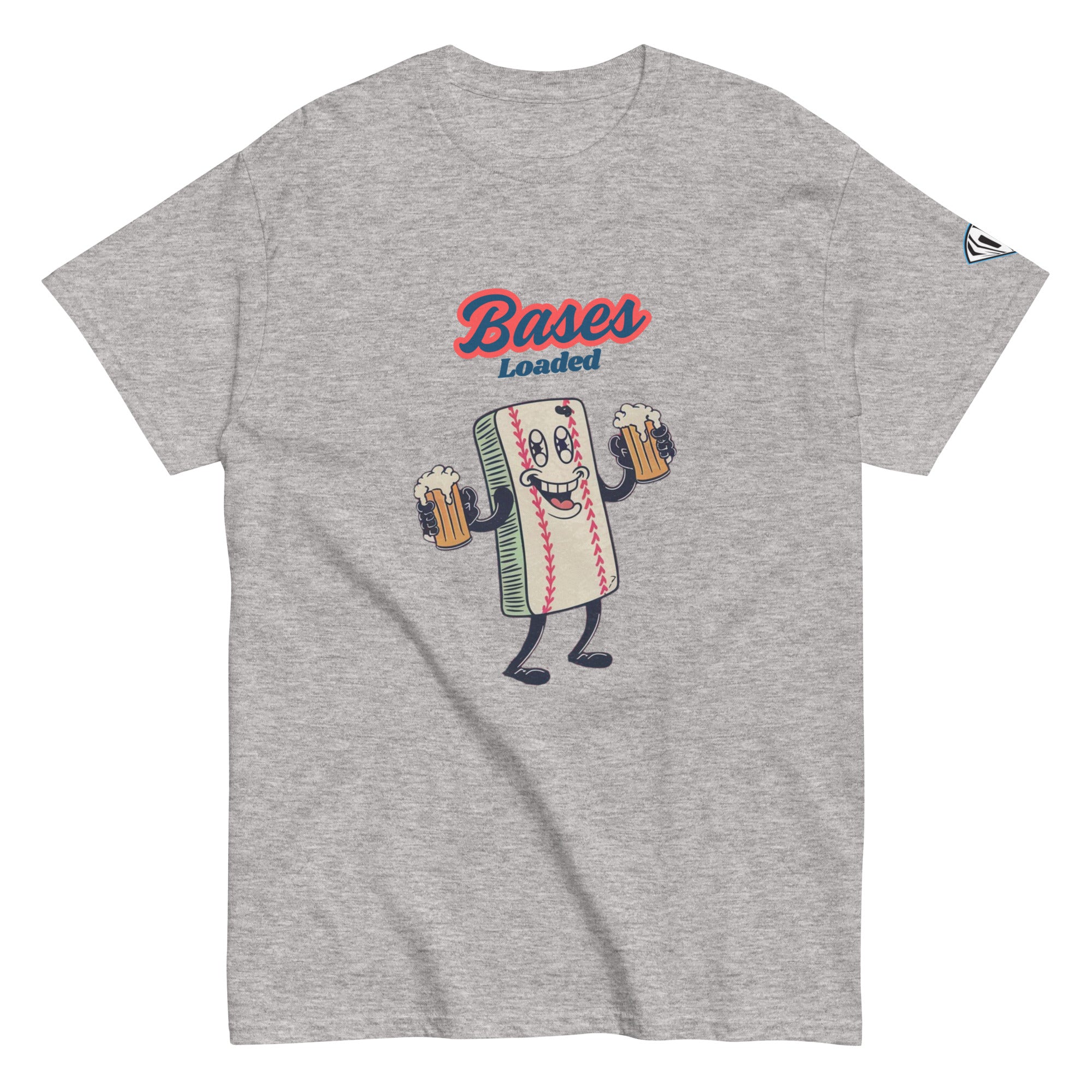 Collection of A gray t-shirt with a graphic design of a cartoon baseball base character with glasses and a mustache, holding two beers, and the text 'Bases Loaded'. in a gallery layout