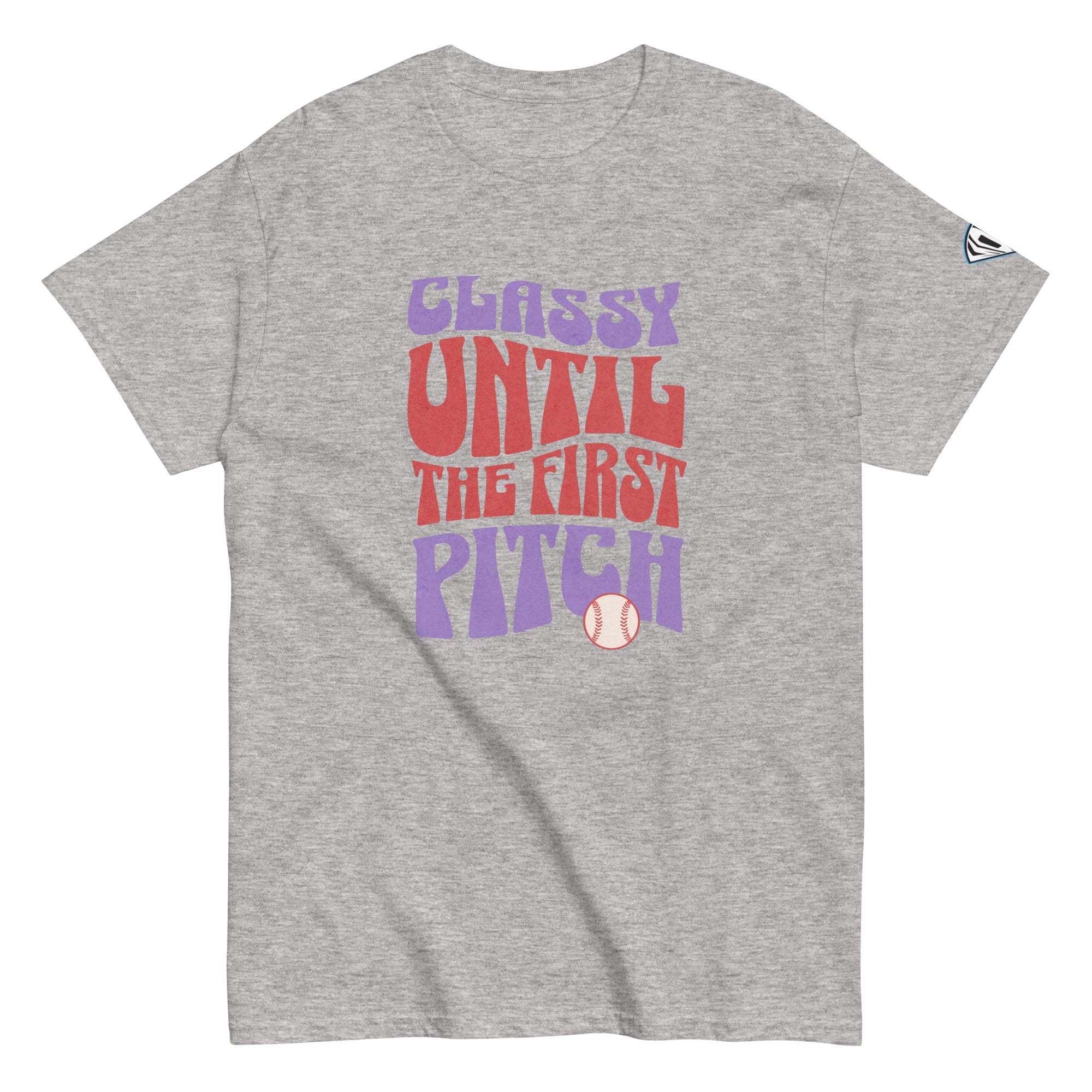 Collection of A gray t-shirt with the text 'CLASSY UNTIL THE FIRST PITCH' in red and purple and a graphic of a baseball. in a gallery layout