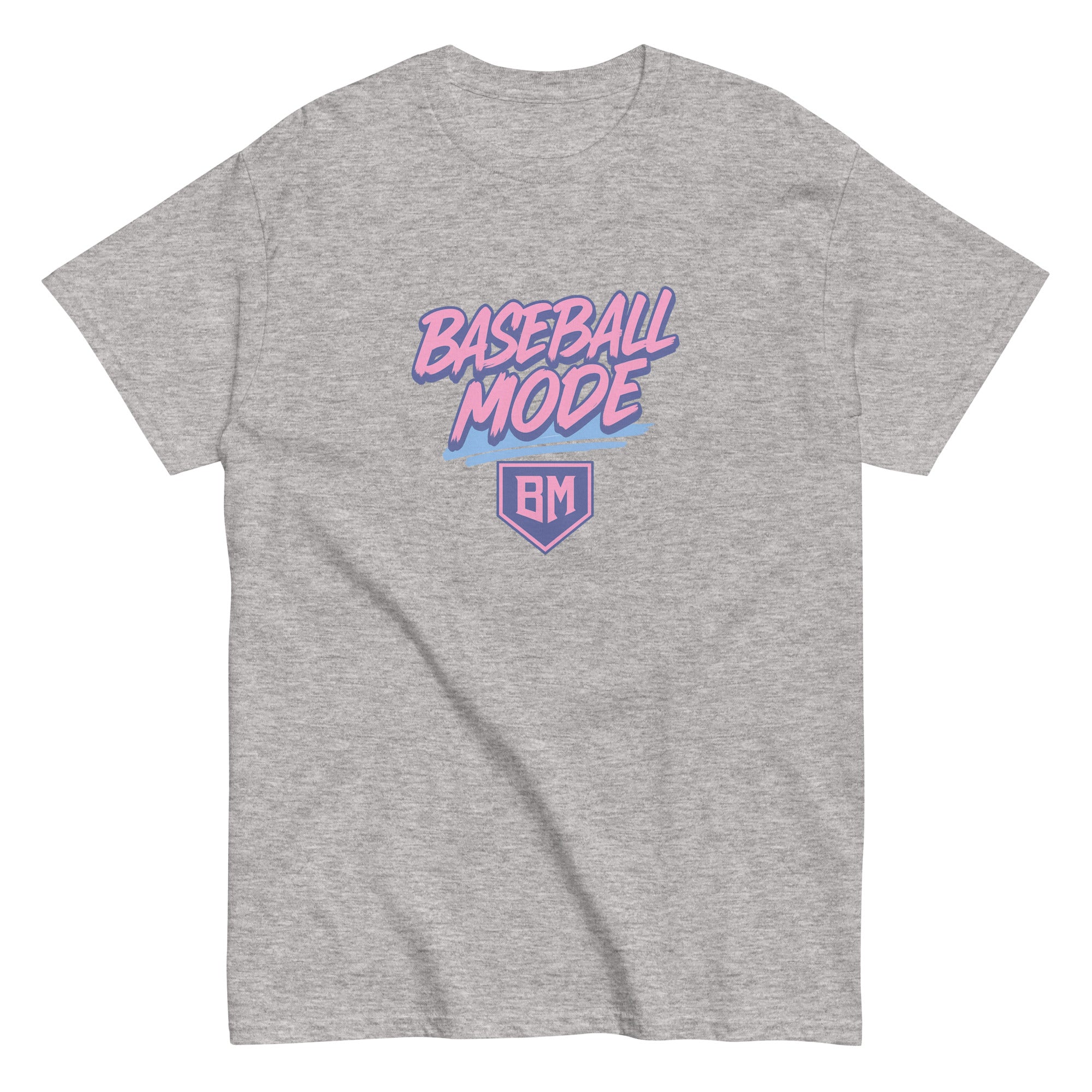Collection of Gray t-shirt with 'Baseball Mode' text and logo on a white background in a gallery layout