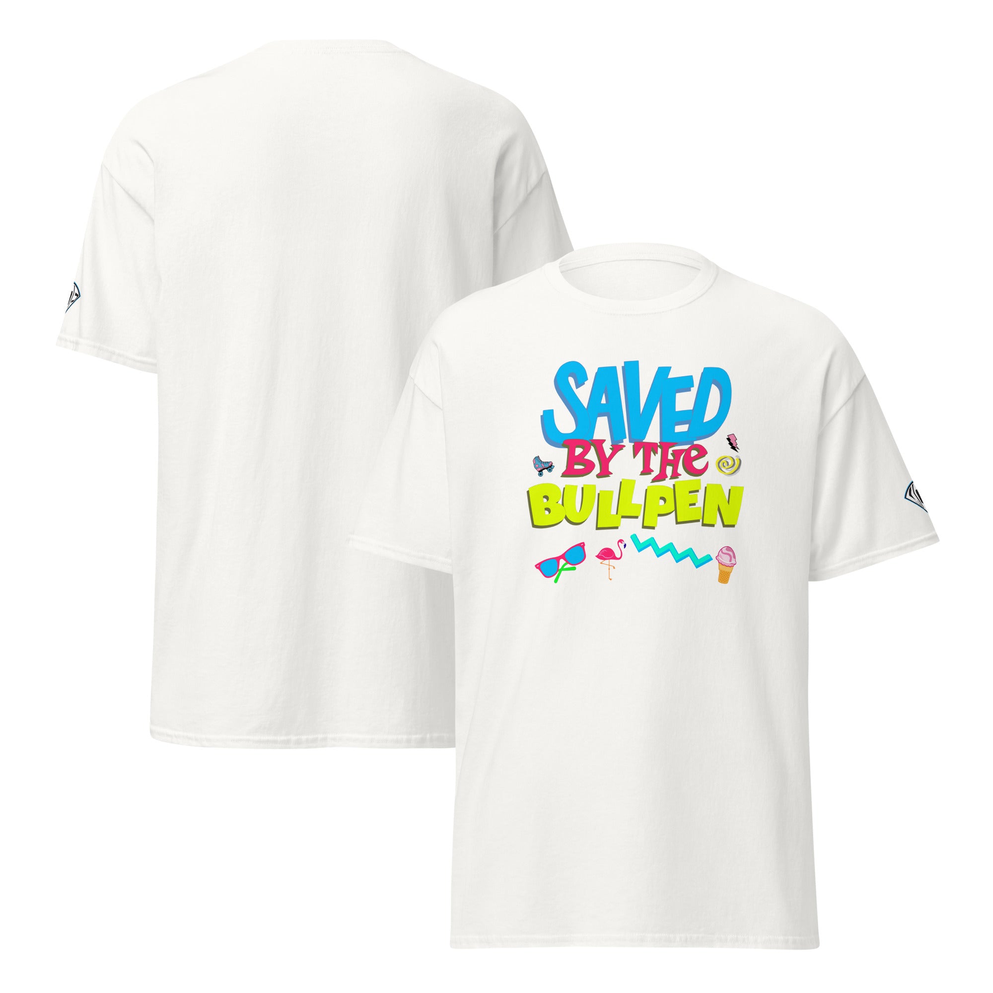 Collection of A white t-shirt with 'Saved By The Bullpen' text and colorful graphics on the back. in a gallery layout