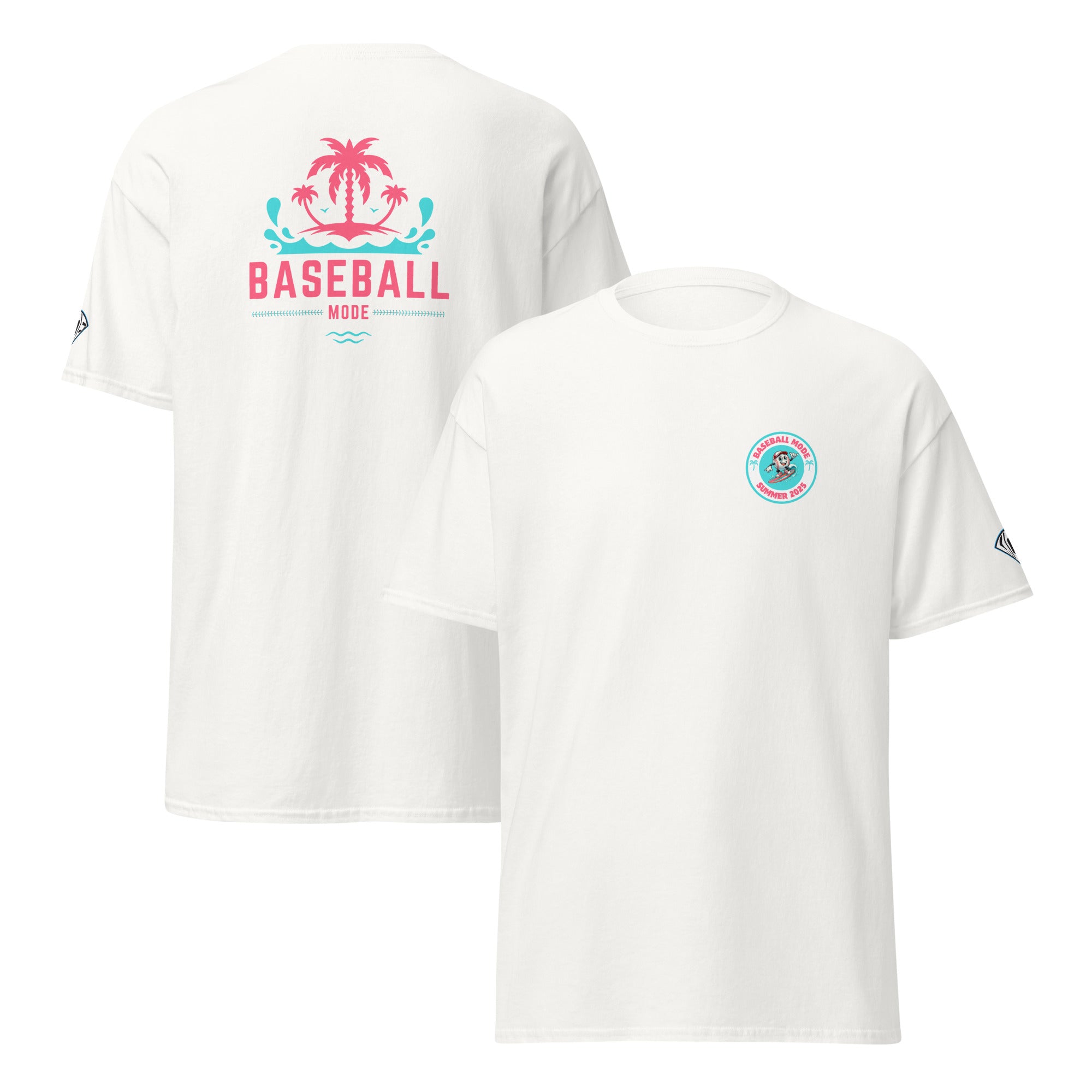 Collection of Front and back view of a white baseball t-shirt with vibrant tropical baseball design, including palm trees and text that reads 'BASEBALL'. in a gallery layout
