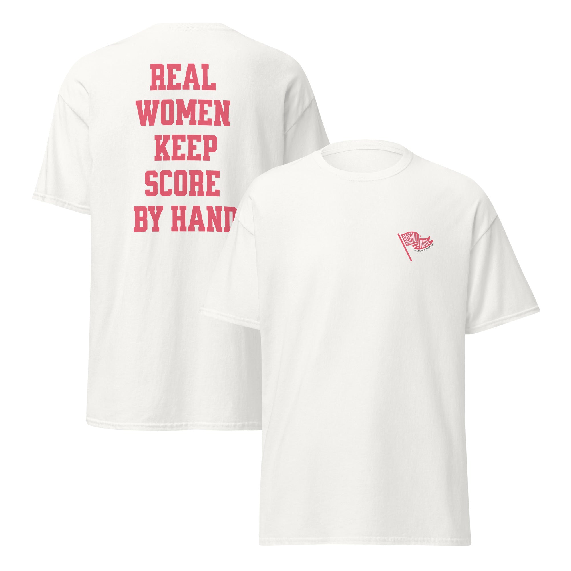 Collection of White t-shirt with the text 'REAL WOMEN KEEP SCORE BY HAND' printed in red on the back, and a small graphic logo on the front. in a gallery layout