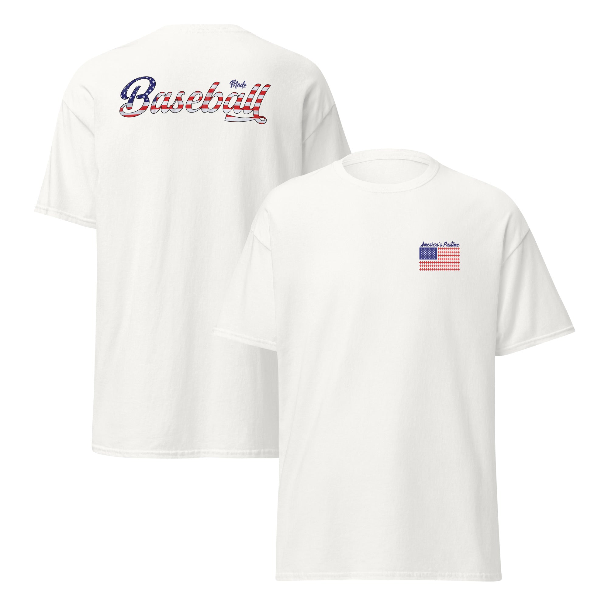 Collection of A white T-shirt with 'America's Pastime' text on the front and a Baseball Mode logo filled with the American flag on the back. in a gallery layout