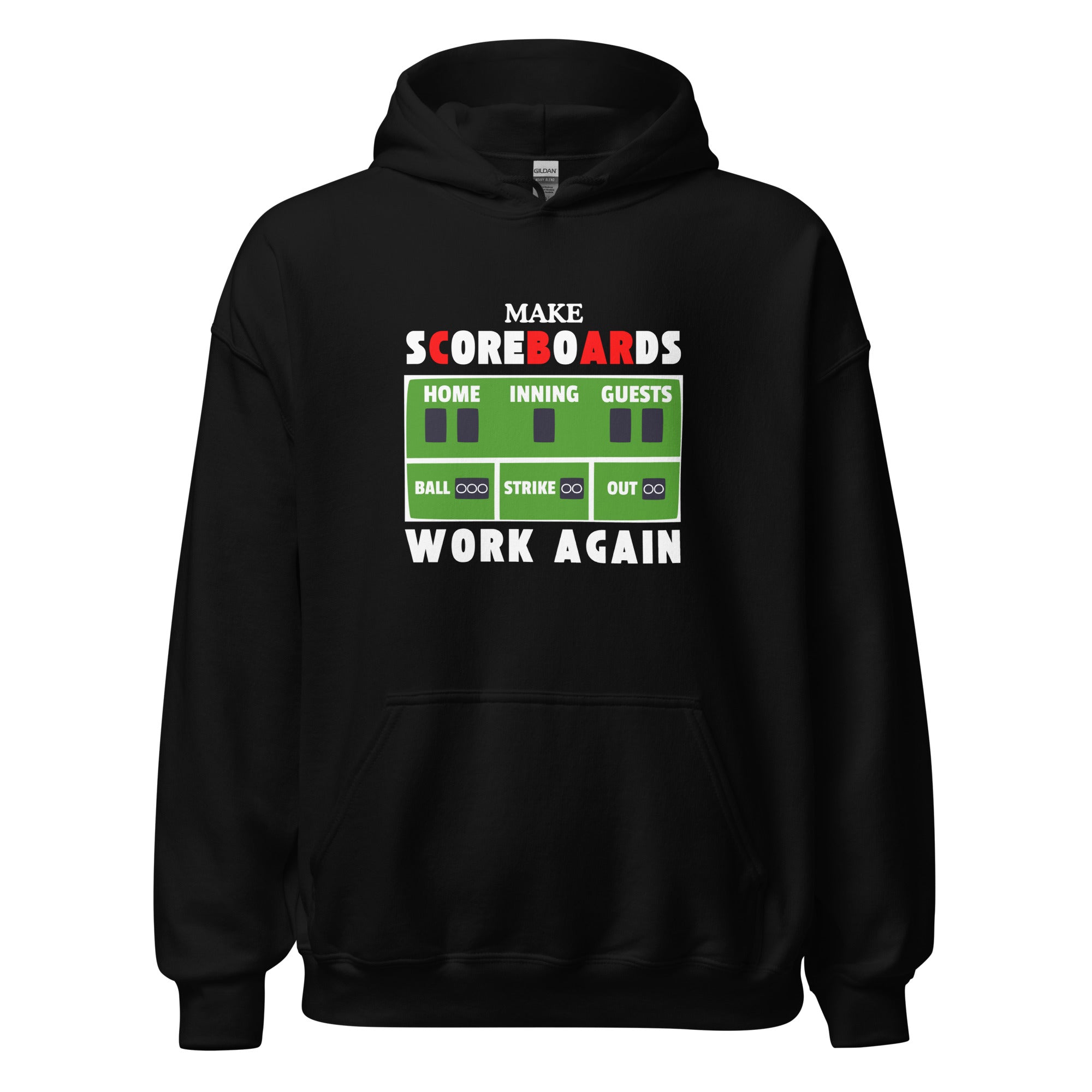 Collection of Black hoodie with a graphic text 'MAKE SCOREBOARDS WORK AGAIN' on the front. in a gallery layout