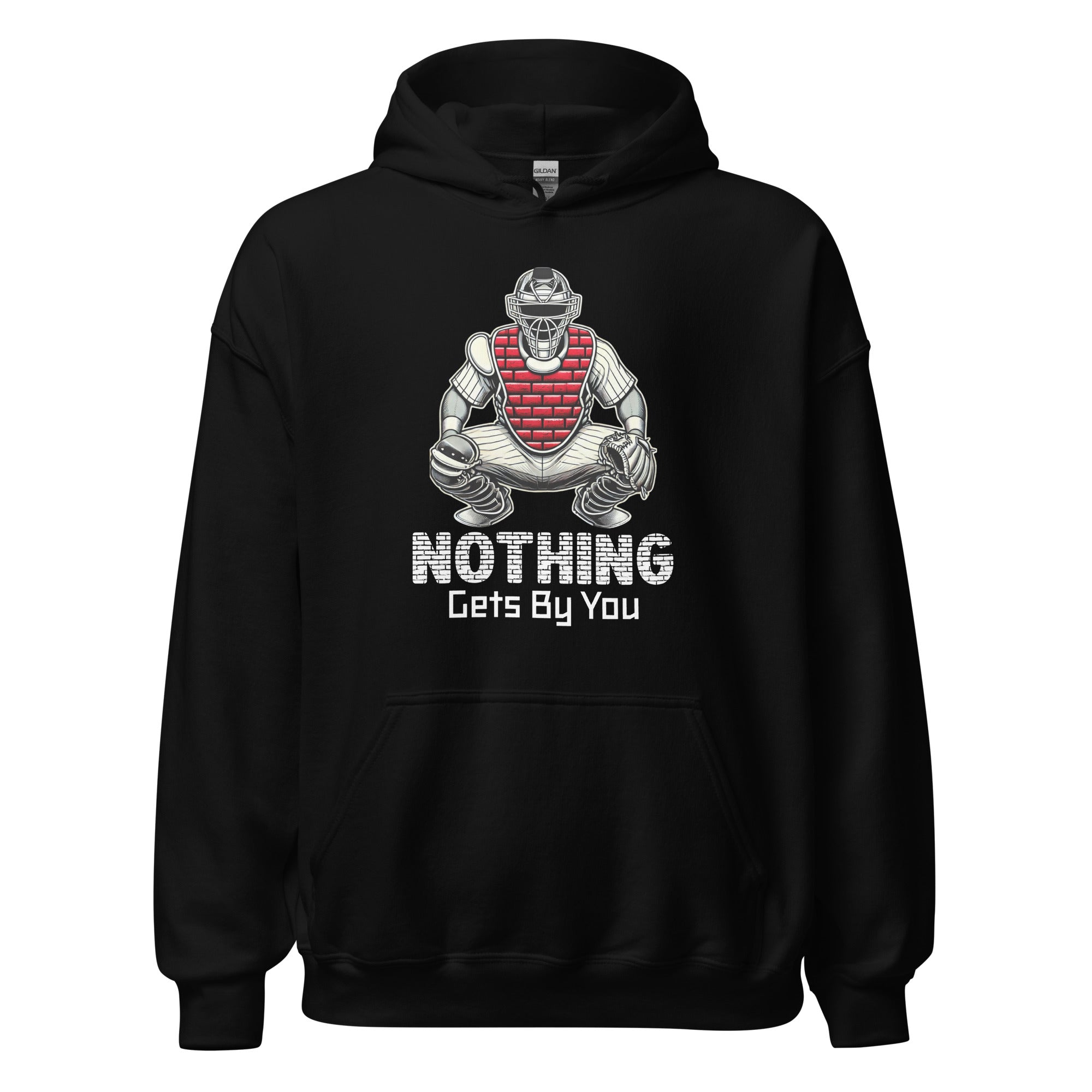 Collection of Black hoodie with a graphic of a catcher and the text 'NOTHING GETS BY YOU' on the front. in a gallery layout