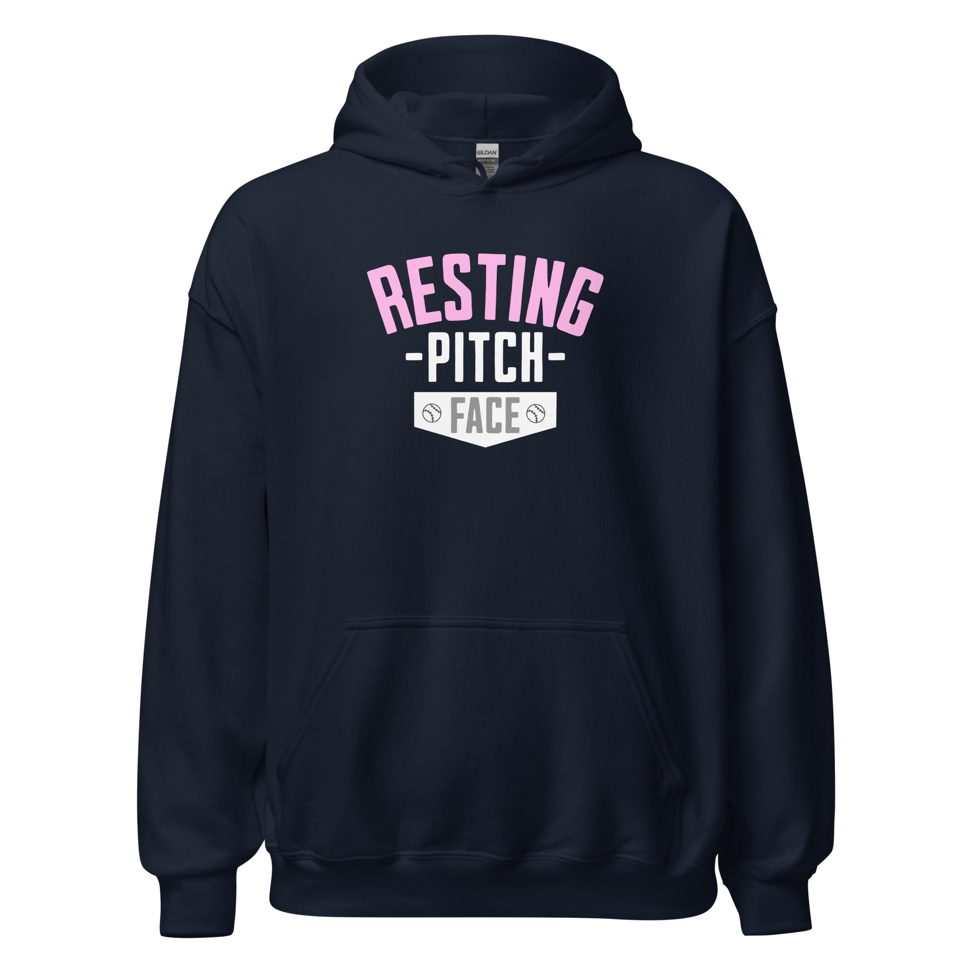 Collection of A navy blue hoodie with 'RESTING PITCH FACE' text in pink on the front. in a gallery layout
