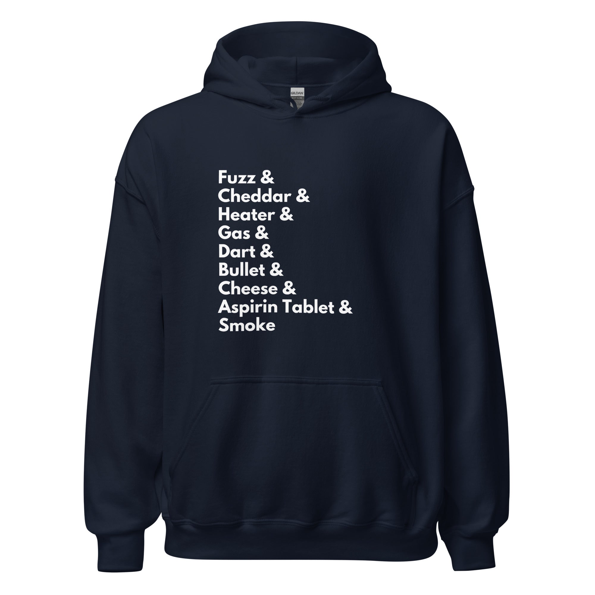 Collection of A navy blue hoodie with white text listing fastball slang terms on the front. in a gallery layout