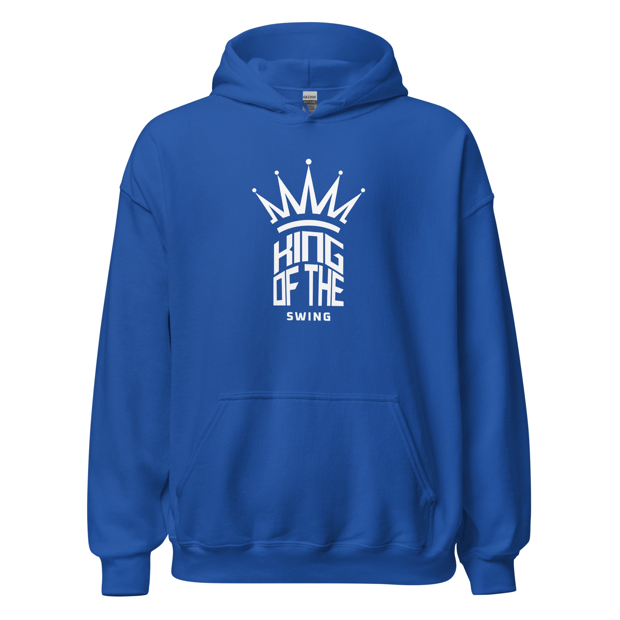 Collection of A blue hoodie with 'King of the Swing' white graphic on the front, featuring a crown above the text. in a gallery layout