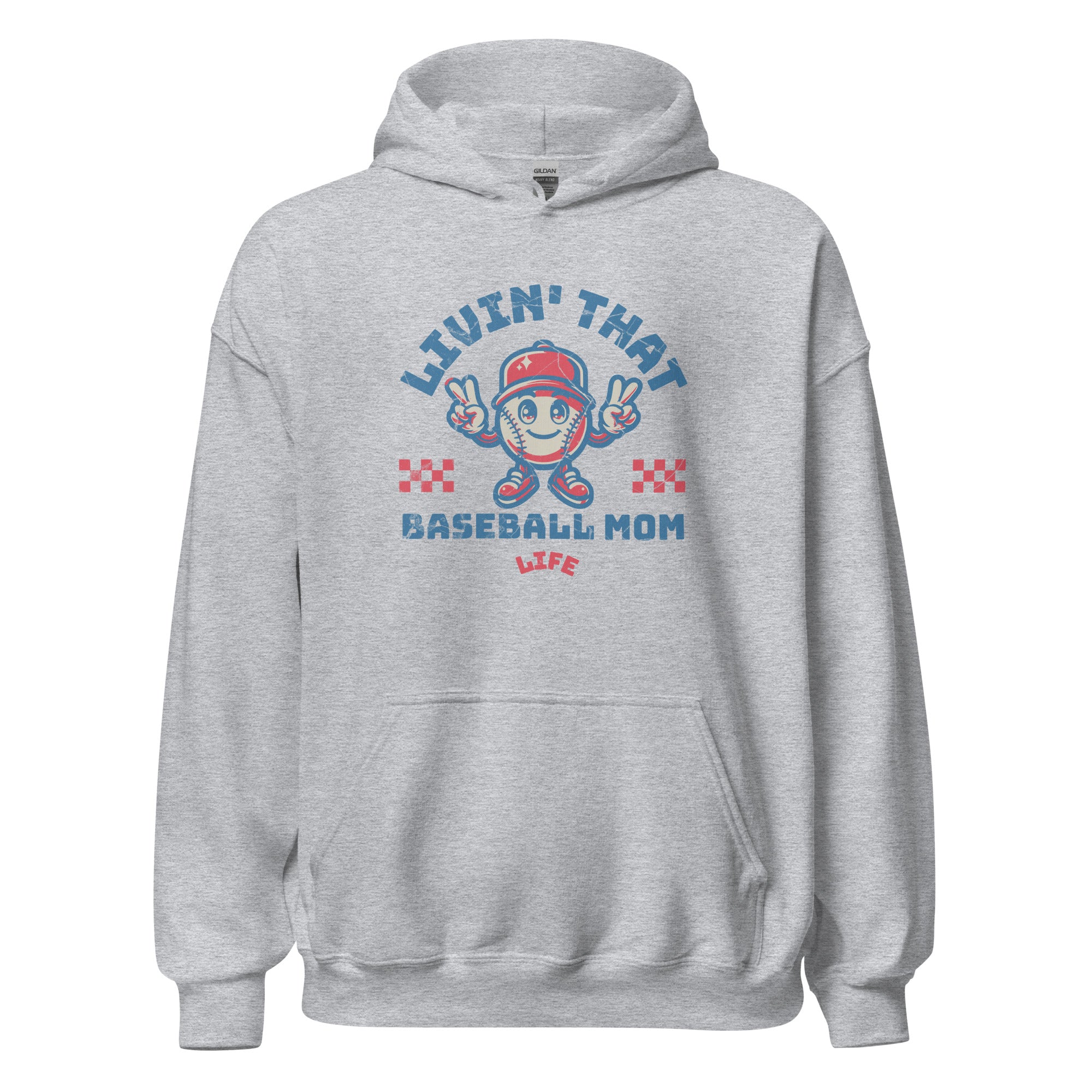 Collection of A gray hoodie with a circular retro-style graphic that says 'LIVIN' THAT BASEBALL MOM LIFE' with baseball-themed elements. in a gallery layout
