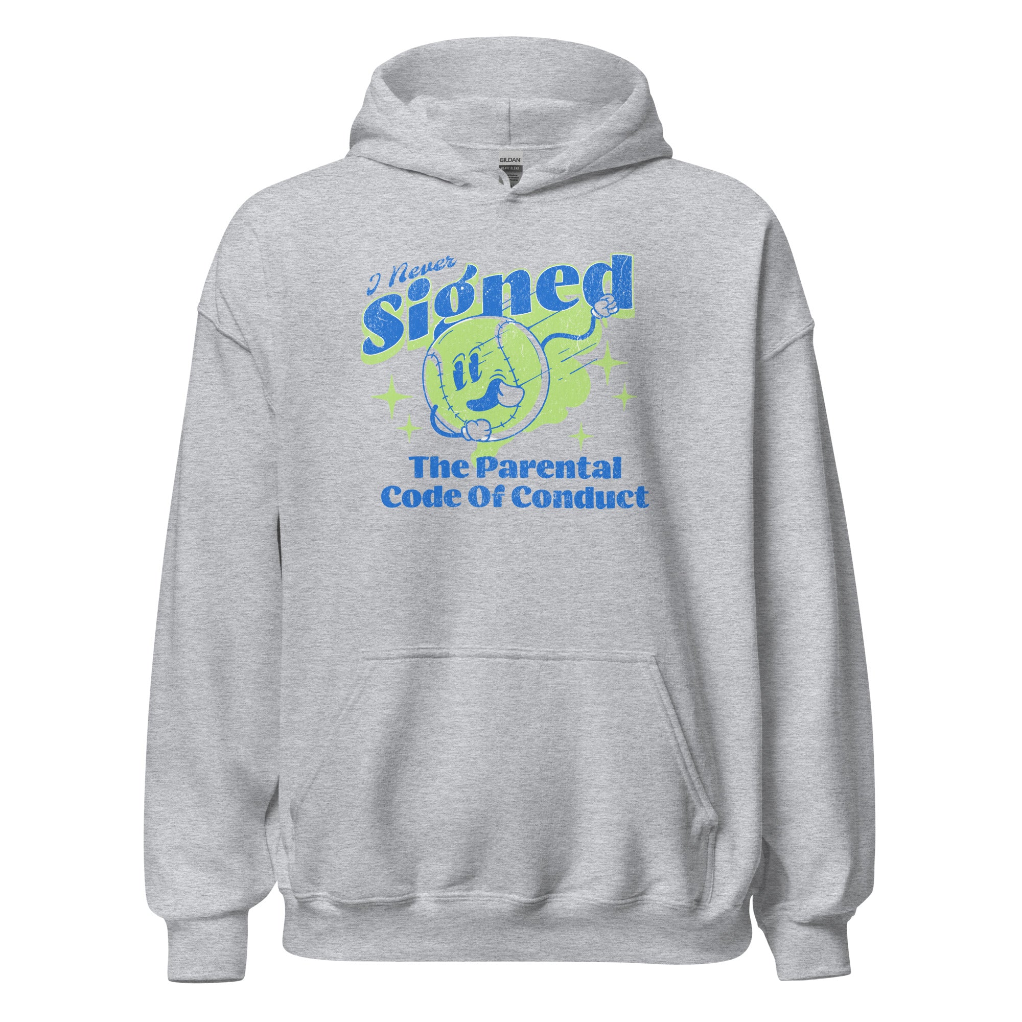 Collection of A gray hoodie with a graphic print of text saying 'I Never Signed The Parental Code of Conduct'. in a gallery layout