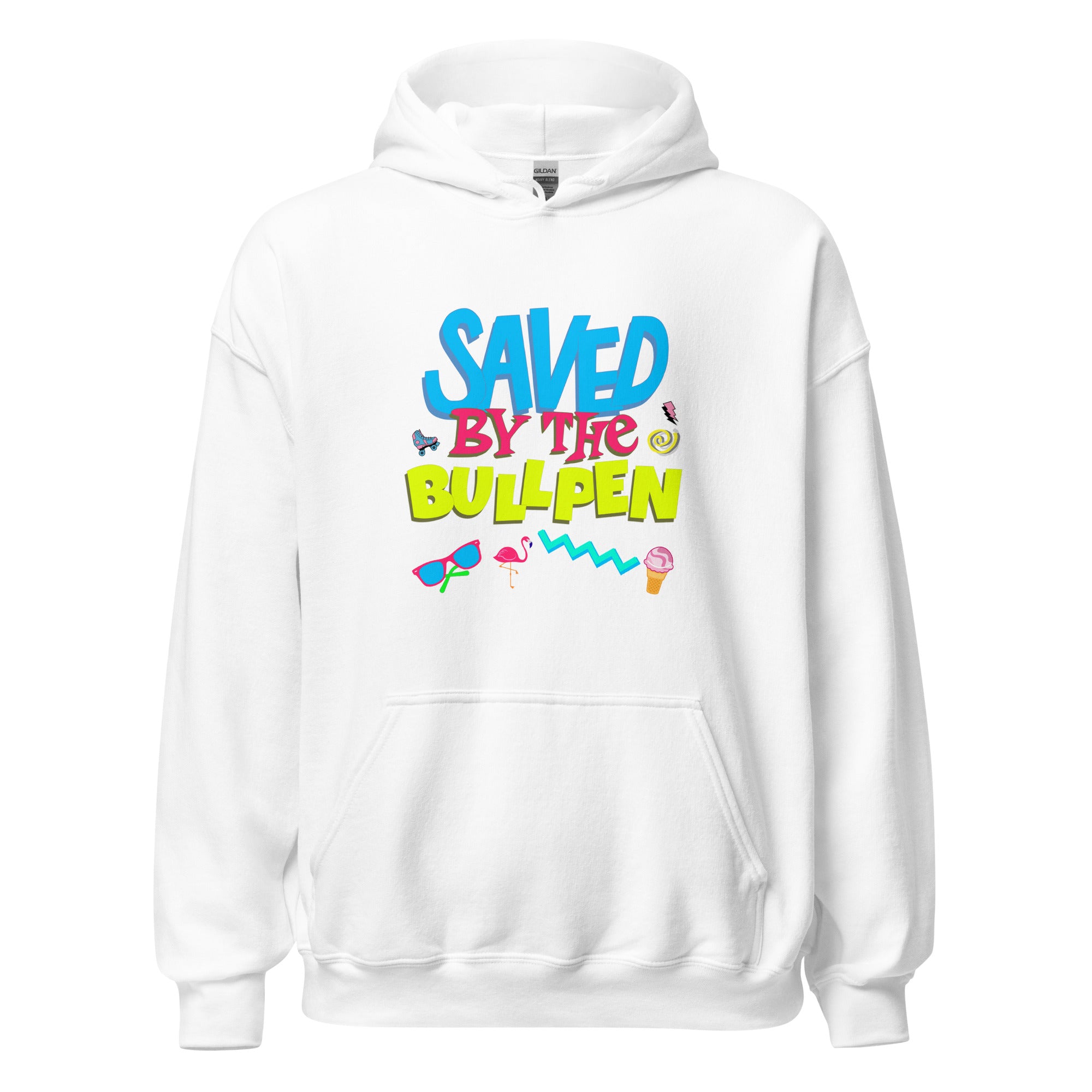 Collection of White hoodie with 'Saved By The Bullpen' colorful text and graphics on the front. in a gallery layout