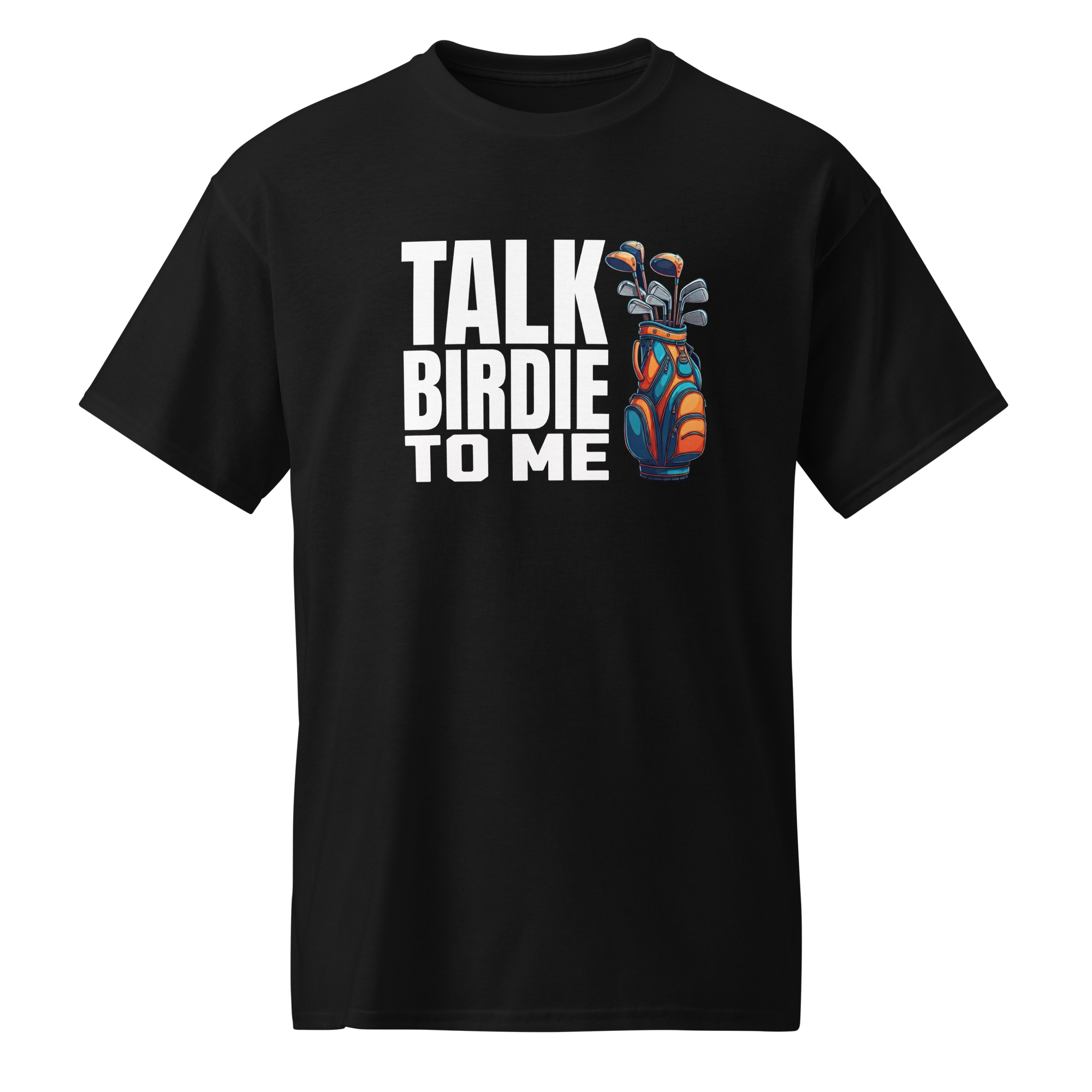 Collection of Black t-shirt with 'Talk Birdie to Me' text and golf bag graphic on a white background in a gallery layout