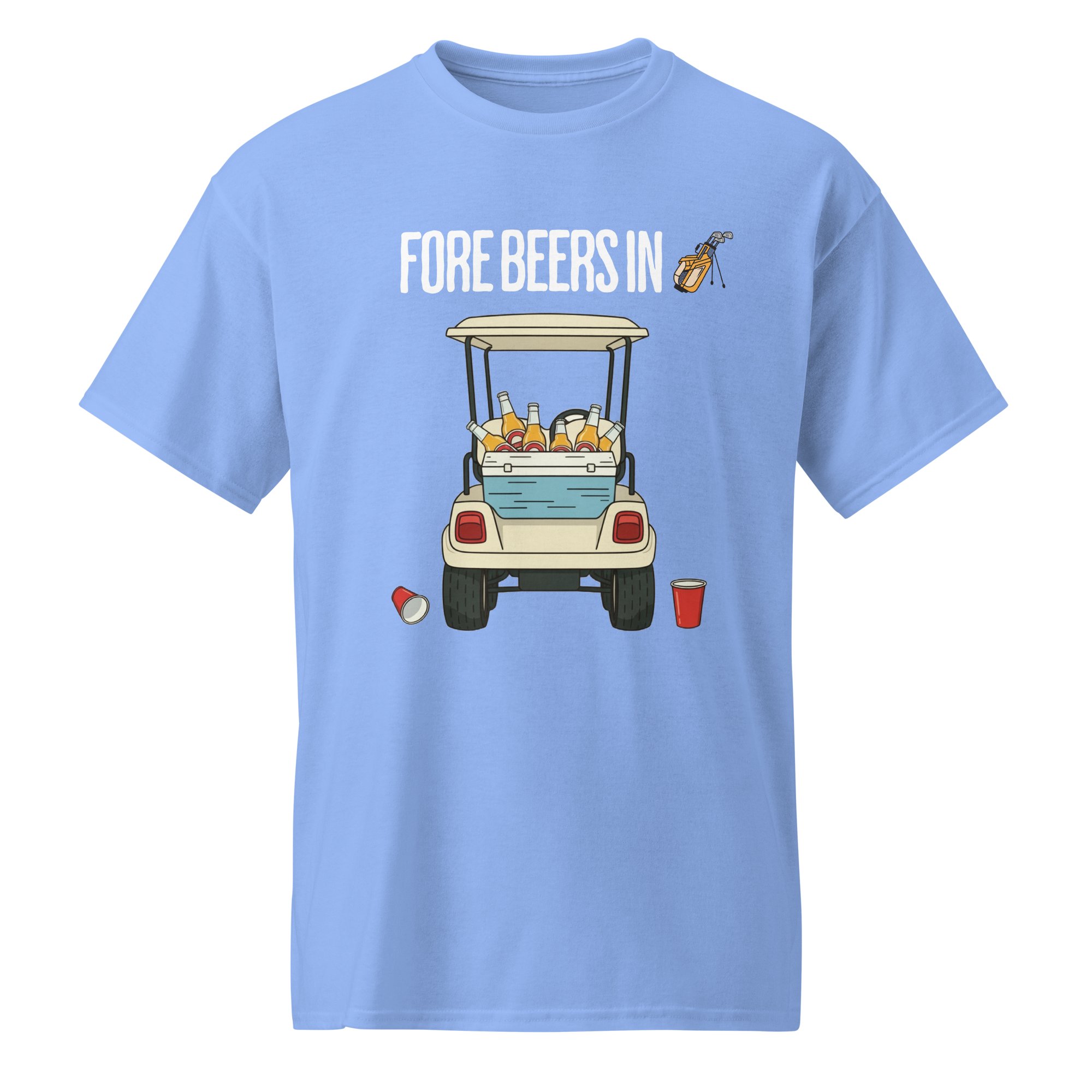 Collection of Light blue t-shirt with a graphic of a golf cart filled with beer and text 'FORE BEERS IN' on a white background. in a gallery layout