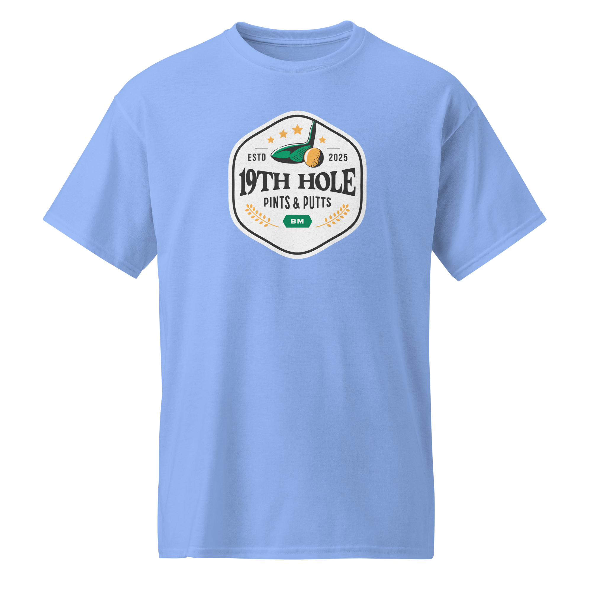 Collection of Light blue t-shirt with '19th Hole Pints & Putts' logo on a white background in a gallery layout