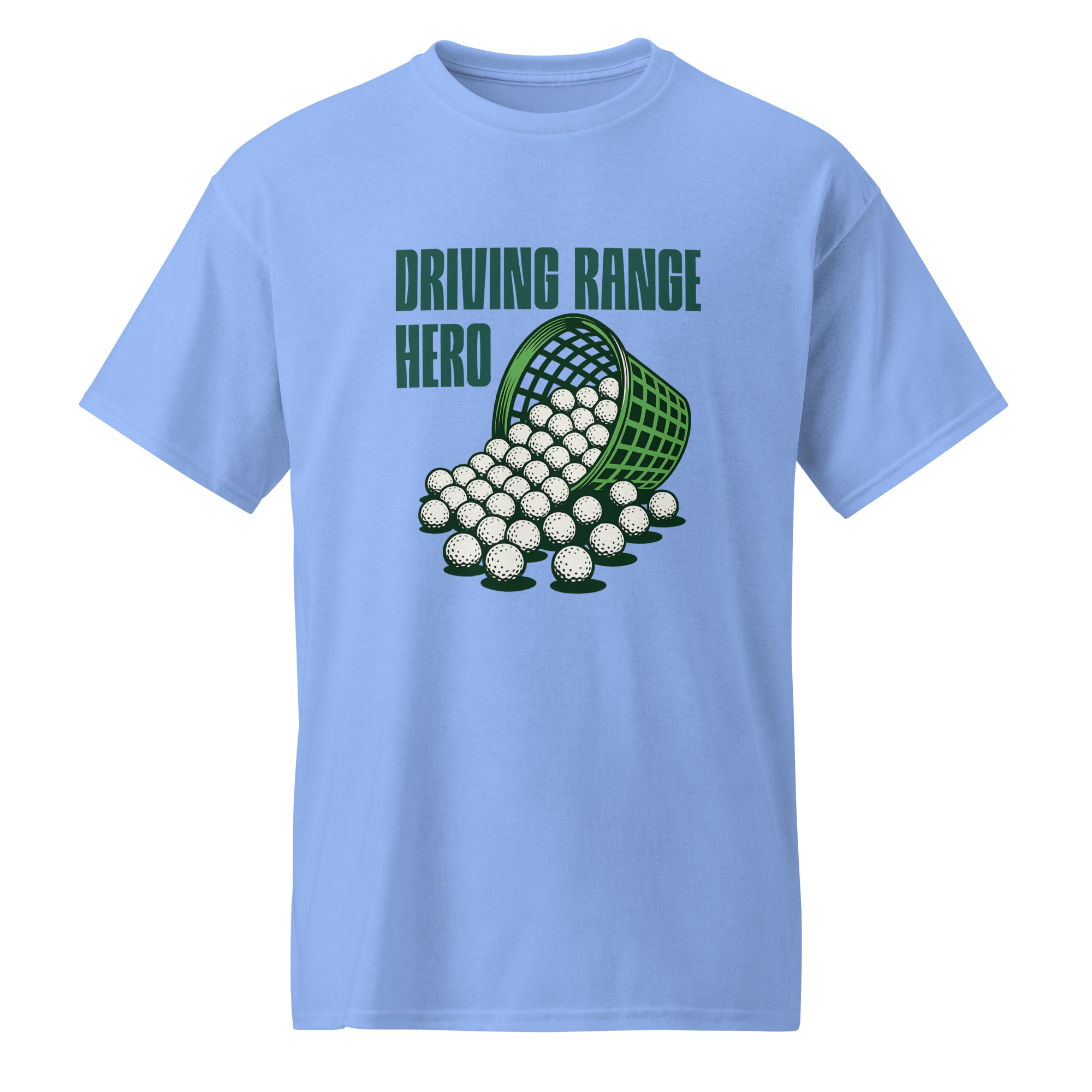 Collection of Light blue t-shirt with a graphic of a green bucket of golf balls and 'Driving Range Hero' text on a white background. in a gallery layout