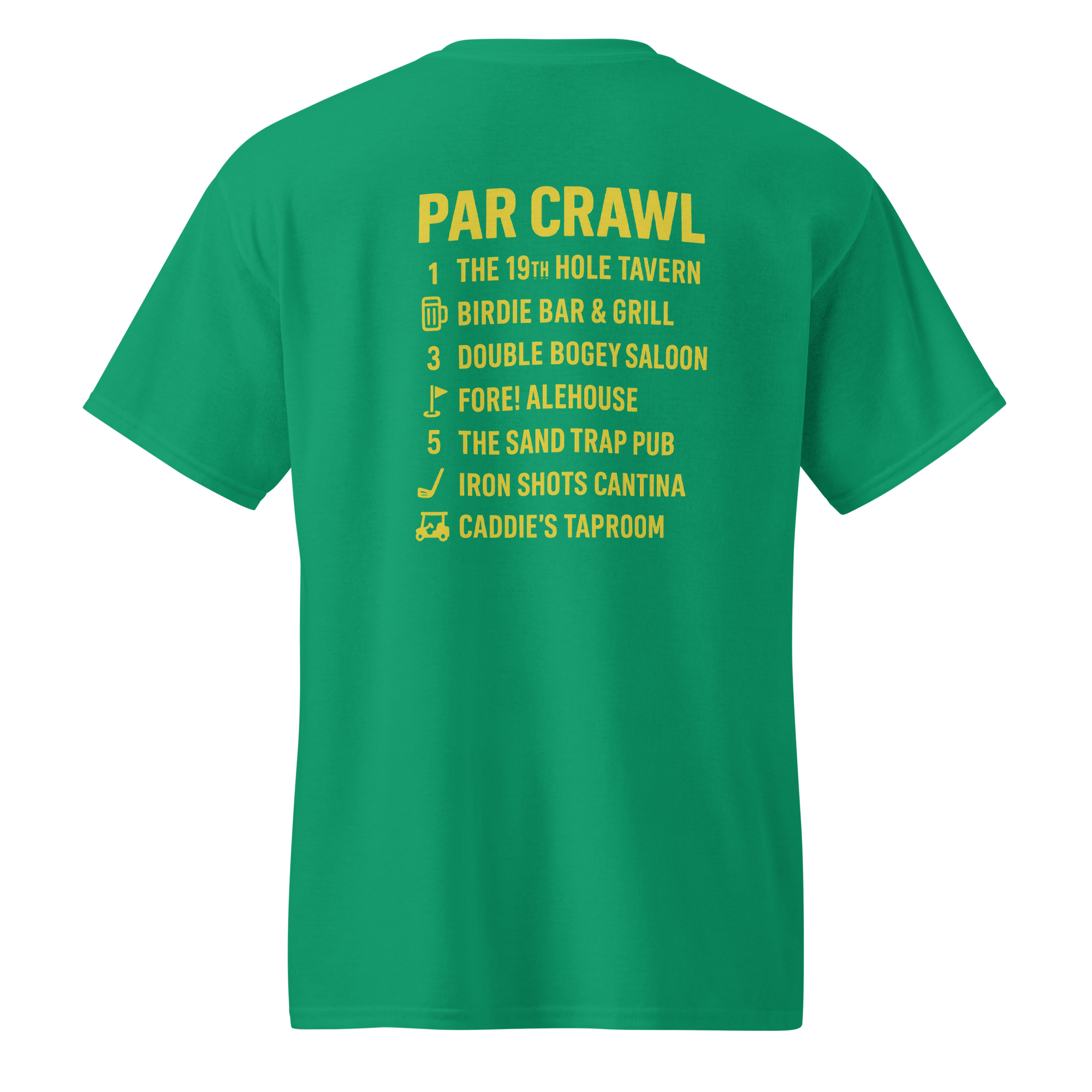 Collection of Green t-shirt with yellow text listing golf-themed establishments on a white background in a gallery layout
