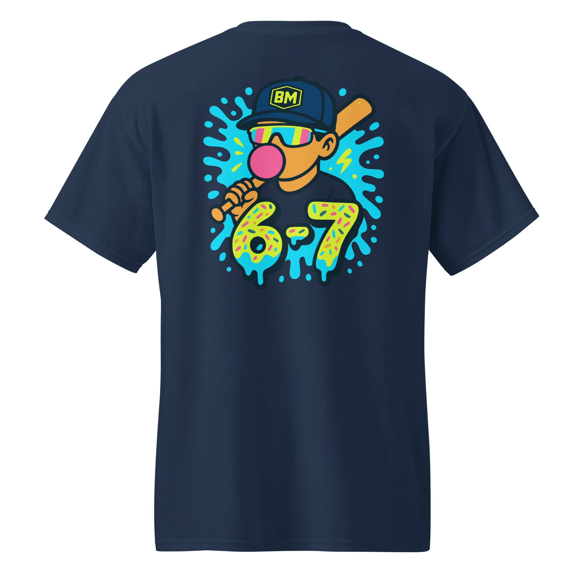 Collection of Navy blue 6-7 t baseball shirt with colorful graphic design on the back in a gallery layout