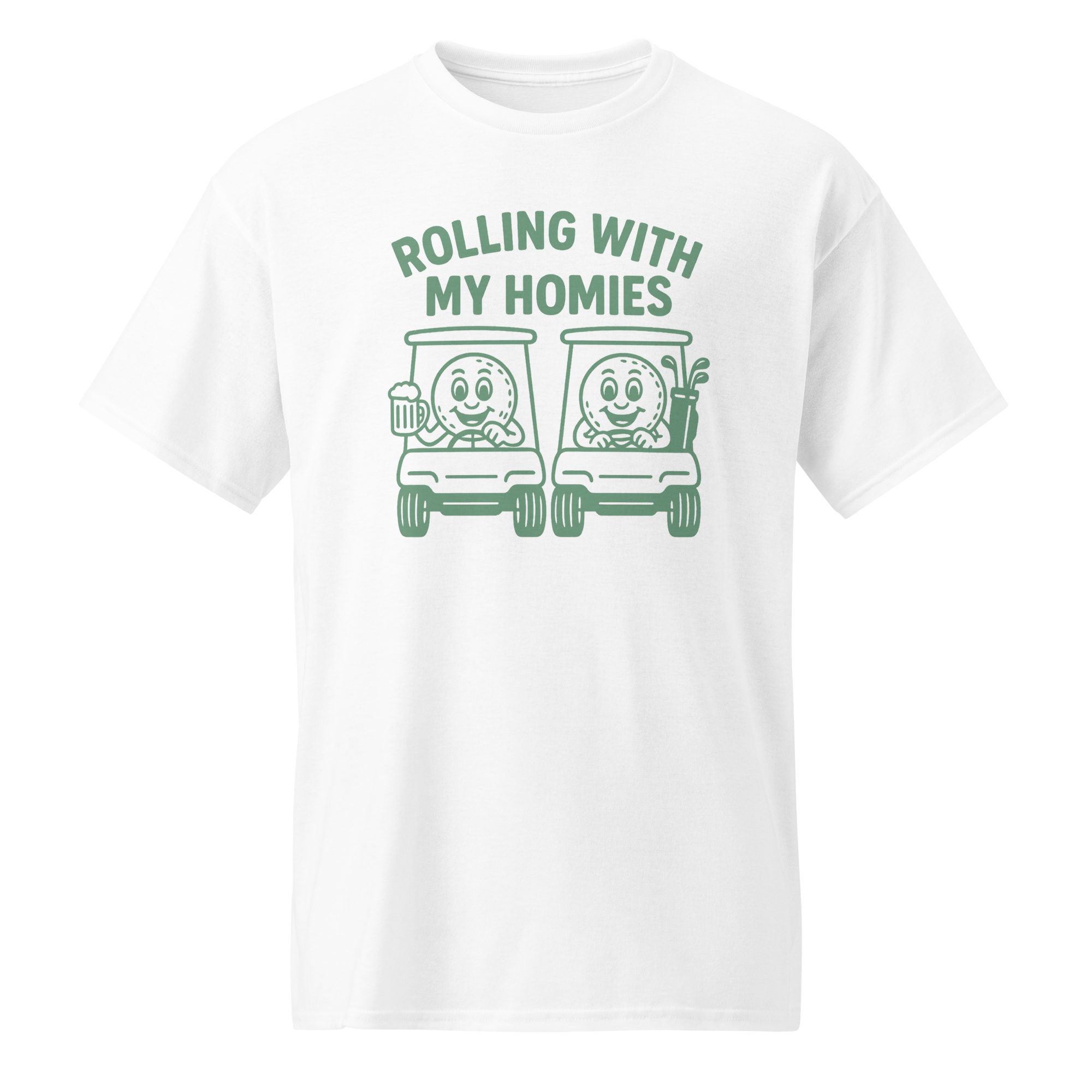 Collection of White t-shirt with green graphic and text 'Rolling With My Homies' on a white background in a gallery layout