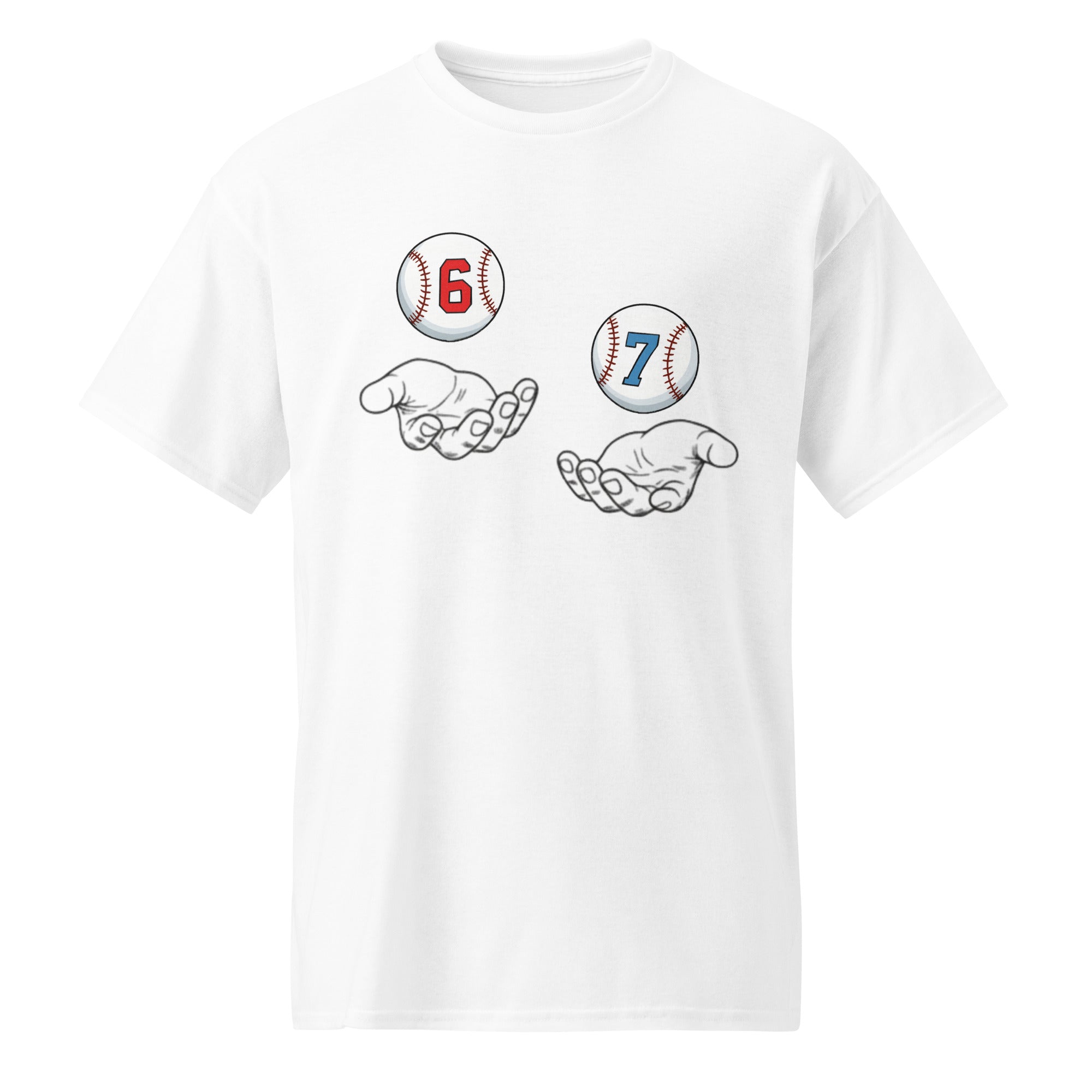 Collection of White 6-7 t-shirt with baseball-themed graphics on a white background in a gallery layout