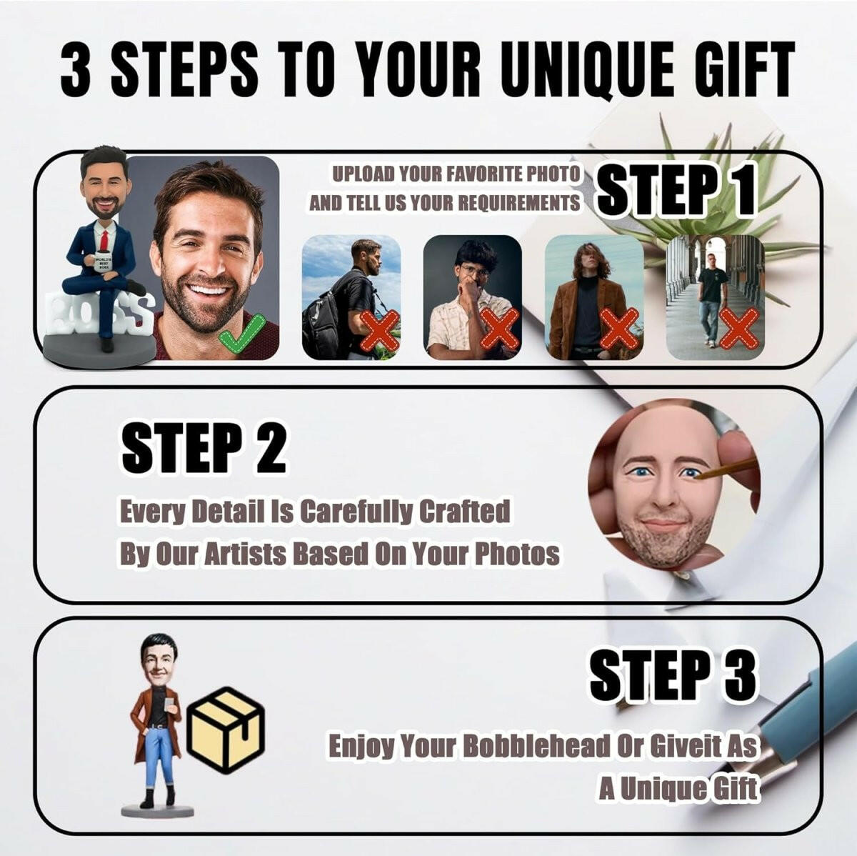 Steps to create a unique gift with a bobblehead figure, including photo upload and customization.