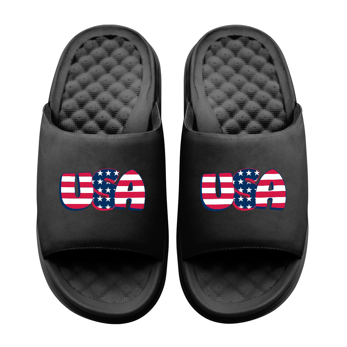 Collection of Black slides with USA flag design on a white background in a gallery layout