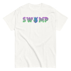 Collection of white swamp donkey baseball t shirt in a gallery layout